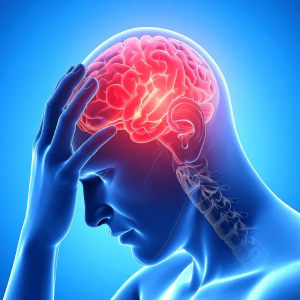 Illustration of a person holding their head in pain, highlighting the brain to represent different types of headaches and migraine discomfort.
